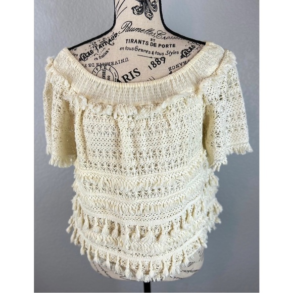 Anthropologie Love Sam Cotton Off Shoulder Short Sleeve Ivory Crocheted Top, Sm - Picture 2 of 9